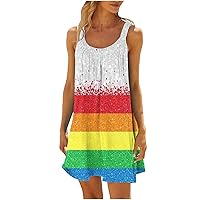 Women's 2024 Summer Sleeveless Tunic Mini Dress Fashion Color Block Casual Crew Neck Sundress Loose Beach Tank Dress