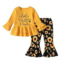 KuKitty Toddler Baby Girl Clothes Solid Color Long Sleeve Letter Tops Floral Bell-Bottoms Pants Outfits Set (2-3T) Yellow