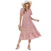 Leisure Women's Spring/Summer New V-Neck Ruffle Sleeve Printed Dress for Women (Brick-red,L)