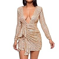 Spring Cocktail Dresses for Women,Dress 2022 Deep V Pleated Leaf Belt Women's Long Sleeve Sexy Backless Fitted
