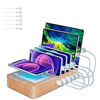 Fastest Charging Station for Multiple Devices,5 USB Ports with 1 Qi Charging Pad,6 Mixed Cable Included, for Apple/AirPods/iPad/Samsung/Android/Tablet, Christmas for Lovers