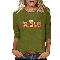 Halloween Shirts for Women 3/4 Sleeve Tops Womens Pumpkin Coffee Round Neck T-Shirts Plus Size Thanksgiving Blouses