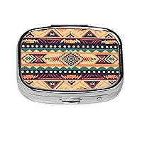 Southwestern Style Pattern Print Pill Box Square Metal Pill Case with 2 Compartment Portable Mini Pill Organizer Cute Pill Container for Pocket Purse Office Travel