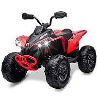 Kids ATV 4 Wheeler, 12V Ride on Toy Car Bombardier Licensed BRP Can-am, Quad Electric Vehicles with Remote Control, LED Lights, Spring Suspension, Treaded Tires, Music, USB & AUX, Red