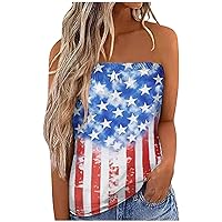4th of July Women Frill Trim Patriotic Tube Tops Summer American Flag Off Shoulder Sleeveless Casual Loose Bandeau