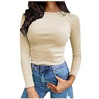 Women's Crew Neck Slim Fitted Tops Ribbed Long Sleeve T-Shirts Fall Casual Basic Sexy Bodycon Tee Shirts