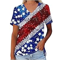 4th of July V Neck T-Shirts Women Fashion Stars Striped Print Tunic Tops Summer Casual Short Sleeve Patriotic Blouse