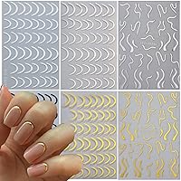 6 Sheets French Nail Art Stickers Decal 3D Gold Curve Line Nail Decals Metal U-Shaped Lines Stripe Nail Art Sliders Exquisite Wave Line Nail Designs Sticker Foils Manicure Decorations for Women Girls