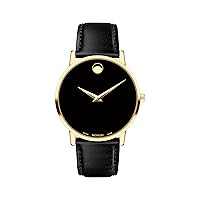 Movado Men's Museum Yellow Gold Watch with Concave Dot Museum Dial, Gold/Black Strap (Model 607271)