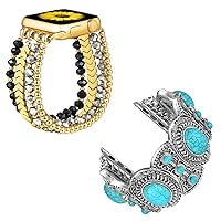 fastgo Crystal beaded bracelet and Bohemia Bracelet Band with Apple Watch 38mm/40mm/41mmWomen Girls for Iwatch Series SE & 7 6 5 4 3 2 1(Gold+ Turquoise Blue, 38mm/40mm/41mm)