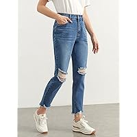 Jeans for Women Pants for Women Women's Jeans Ripped Raw Hem Straight Leg Jeans (Color : Medium Wash, Size : 30)