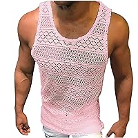 Mens Sexy Hollow Out Knit Tank Tops Scoop Neck Muscle Fit Vest Stylish Knitted Sleeveless T Shirt Casual Sport Tee