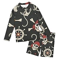 Pirate Skull Anchor Boys Rash Guard Sets Swimsuits with Long Sleeve Toddler Swimsuit,3T