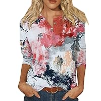 Elbow Length Tops for Women 3/4 Length Sleeve Womens Tops 2024 Casual Trendy Print Loose Fit with Henry Collar Oversized Tunic Shirts Red Large