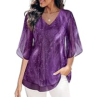 Womens Ruffle 3/4 Sleeve Mesh Blouses Loose Flowy Tops Stretchy Shirts