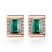 Lieson 18K Rose Gold Earrings for Women, 1.24ct Rectangular Emerald with 0.16ct Diamond Dainty Hypoallergenic Rose GoldStud Earrings for Women Girls Jewelry Gifts