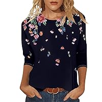 3/4 Sleeve Tops for Women Crew Neck Sunflower Printed Tops Trendy Casual T-Shirt Cute Loose Fit Tees Comfy Blouses