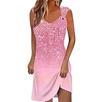 Casual Summer Dresses for Women 2024 Vacation Dresses for Women 2024 Summer Sparkly Patchwork Fashion with Sleeveless Round Neck Tunic Dresses Pink X-Large