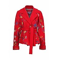 Boiled Wool Floral Embroidered Coat in Red Extrafine Merino Wool Winter Jacket Peacoat with Tie