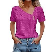 Women's Casual Blouse Shirts Solid Color Eyelet V Neck Tops Casual Short Sleeve Trendy Tunics Summer Basic Tees