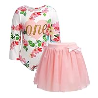 iiniim Baby Girls Fancy First Birthday Outfit Long Sleeves Glittery One Flower Printed Romper Tutu Skirts Princess Set
