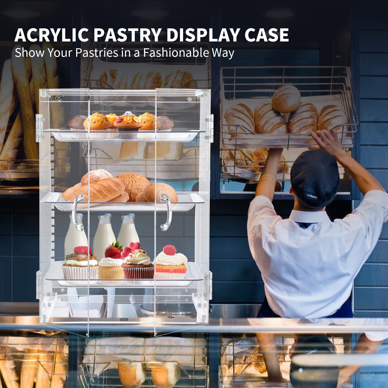 VEVOR Pastry Display Case, 2-Tier Commercial Countertop Bakery Display Case,  Acrylic Display Box with Rear Door Access & Removable Shelves, Keep Fresh  for Donut Bagels Cake Cookie, 22