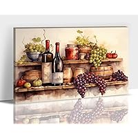 Hzddty Wine Canvas Wall Art - Kitchen Red Wine and Grapes Pictures for Wall Decor Vintage Painting Prints, Framed Artwork for Kitchen Dining Room Decor Ready to Hang 12x18 Inches