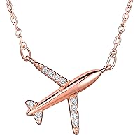Women's 925 Sterling Silver Cubic Zirconia Plane Pendant Extender Necklace, Rose Gold Plated
