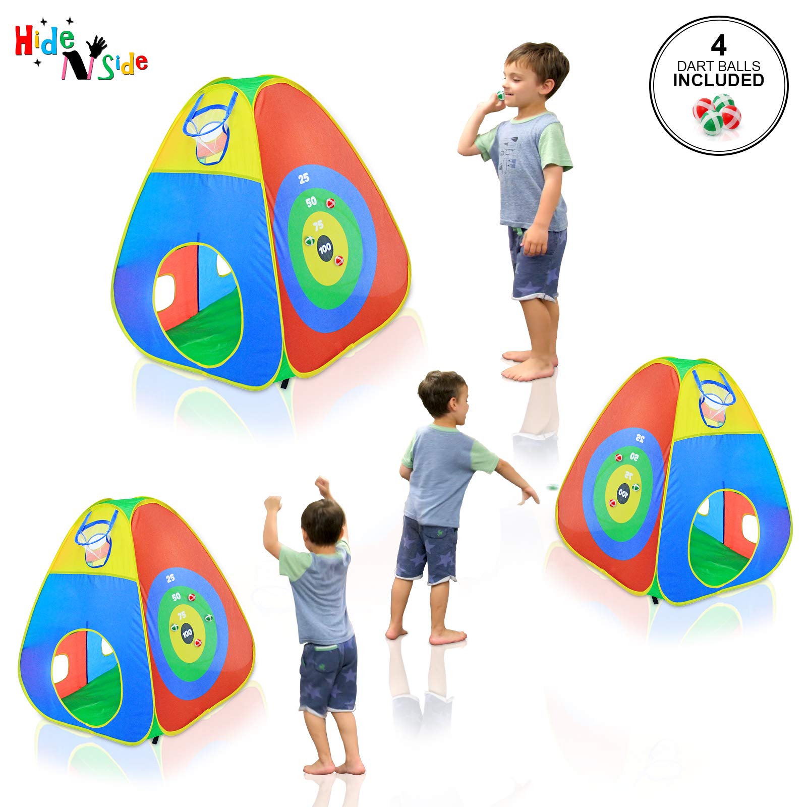 Hide N Side 5pc Kids Ball Pit Tents and Tunnels, Toddler Jungle Gym Play Tent with Play Crawl Tunnel Toy, for Boys Babies Infants Children, Indoor Outdoor Gift, Target Game w/ 4 Dart Balls