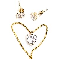 HANDMADE 3.5 ct Diamond Jewelry SET SOLID 18K Yellow Gold Diamond Earring Studs & Diamond Solitaire Necklace Love Heart Diamond Pendant Necklace 18