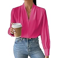 EVALESS Long Sleeve Shirts for Women Trendy V Neck Summer Tops Dressy Casual Chiffon Blouses Loose Fit Work Office Blouse Top