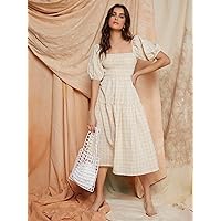 Dresses for Women - Gingham Puff Sleeve Dress (Color : Multicolor, Size : Small)