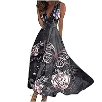 Dresses for Women 2024 Summer Casual Sleeveless V Neck Boho Waist Retraction Printed Dress