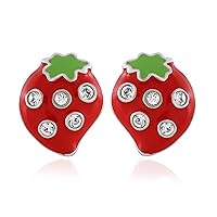 925 Sterling Silver Enamel Strawberry Stud Earrings for Girls, Stylish Strawberry Push Back for Girls- Colorful Fruit Push Back Earrings for Everyday Use