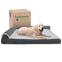 Furhaven Memory Foam Dog Bed for Large Dogs w/ Removable Bolsters & Washable Cover, For Dogs Up to 125 lbs - Two-Tone Plush Faux Fur & Suede L Shaped Chaise - Stone Gray, Jumbo Plus/XXL