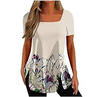 Womens Floral Tunic Tops Square Neck Casual Shirt Casual Loose Summer Tshirt Trendy Short Sleeve Flowy Boho Blouse