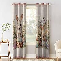 Easter Bunny Plaid Blackout Curtains 39 Inches Length, Spring Garden Flower Eggs Herbs Pink Window Treatment Thermal Insulated Drapes for Bedroom Living Room 2 Panels 55x39 Inches