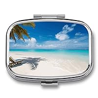 White Beach Tropical Sea Pill Box 3 Compartment Square Small Pill Case Travel Pillbox for Purse Pocket Metal Medicine Organizer Portable Pill Container Holder to Hold Vitamins Medication Fish Oil and