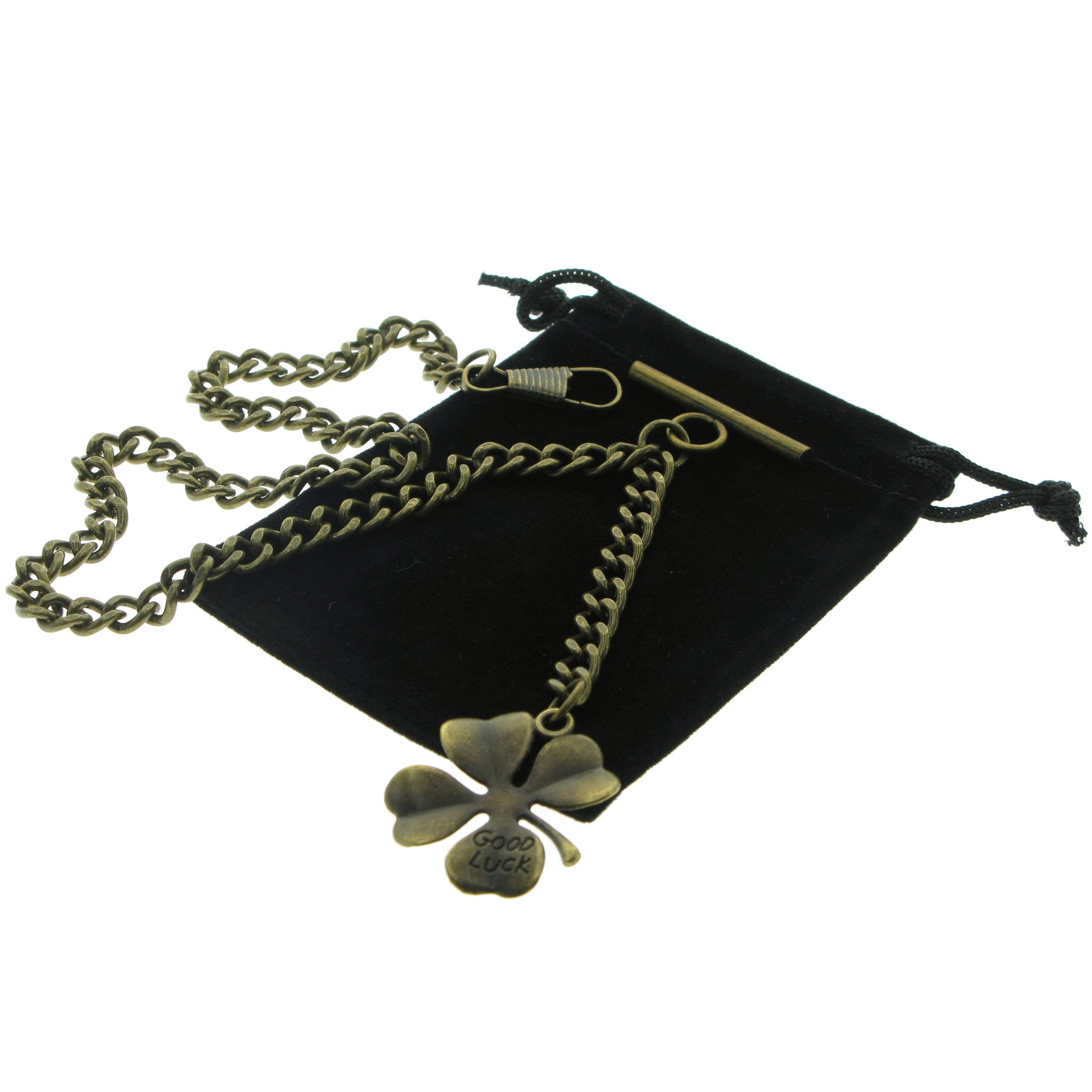 Albert Chain Pocket Watch Chains for Men Antique Brass Color Four-Leaf Clover Medal Design Fob T Bar AC143
