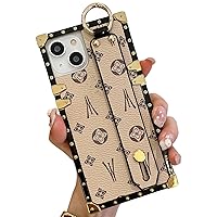 Square Leather Compatible with iPhone 14 Case with Wristband Strap, Luxury Designer Case for Women Girls, Holder Kickstand Protective Case 6.1” (Beige)