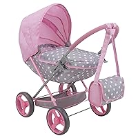 Cotton Candy Pink: Doll Deluxe Pram - Pink, Grey, Polka Dot - W/Matching Handbag, for Dolls Up to 18'', Removable Bassinet, Kids Ages 3+
