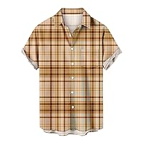 Men's Casual Button Down Shirt Lapel Short Sleeve Stylish Plaid Printed Regular-Fit Summer Holiday Beach Shirts