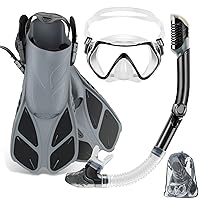 Mask Fin Snorkel Set, Travel Size Snorkeling Gear for Adults with Panoramic View Anti-Fog Mask, Trek Fins, Dry Top Snorkel and Gear Bag for Swimming Training, Snorkeling Kit Diving Packages