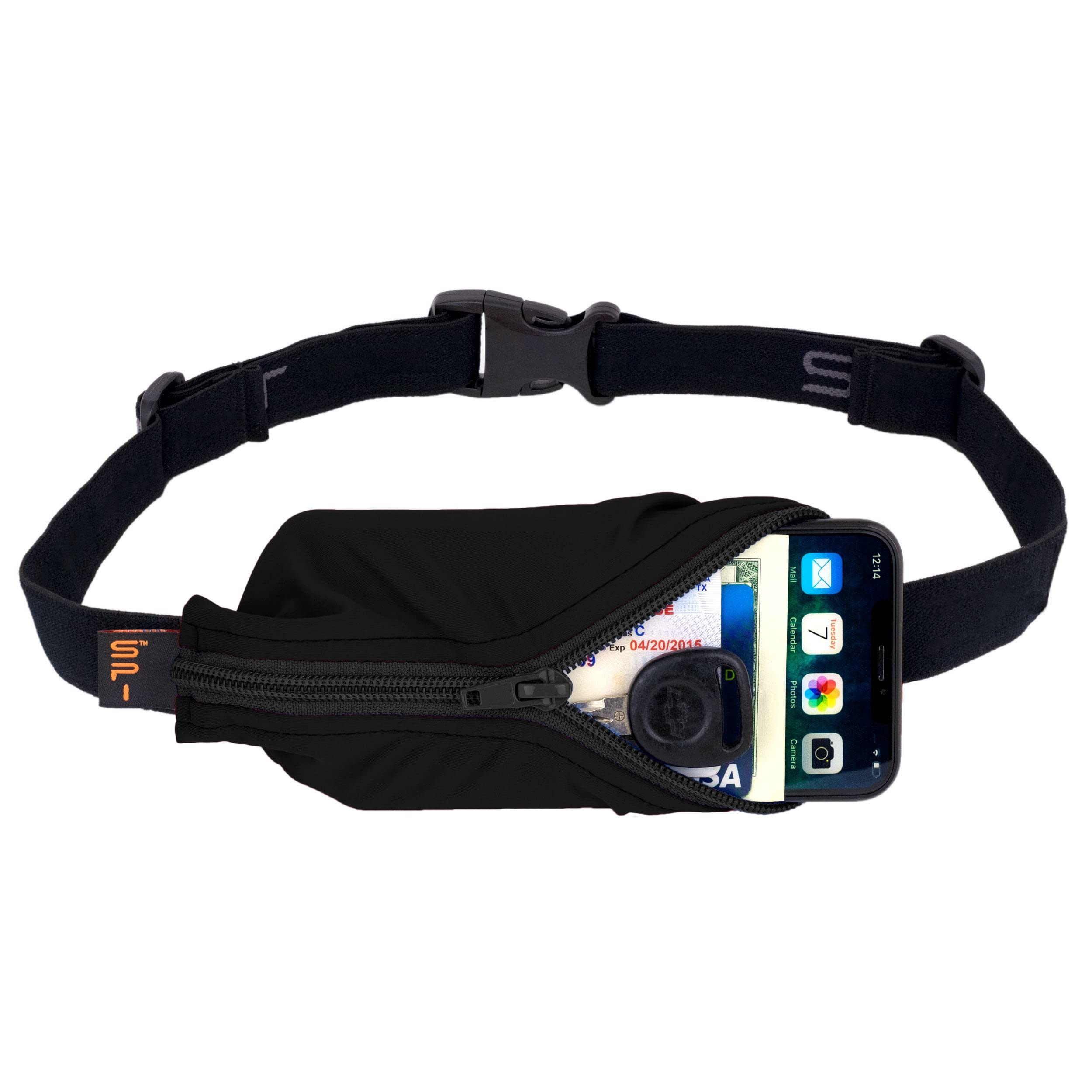 SPIbelt Large Pocket Running Belt for Adults, Expandable Pocket, Adjustable Waist, No Bounce, Black with Black Zipper