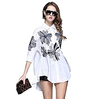 2017 Spring Summer Fashion Casual Asymmetrical Cotton Floral Embroidery Turn-Down Collar A-Line Women New Loose Top
