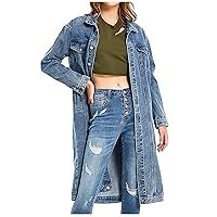 Womens Fashion Denim Trench Coat Long Jean Jacket Plus Size Button Down Denim Jacket Oversized Fall Casual Outerwear