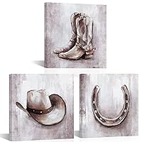 HOMEOART Western Decor Cowboy Hat and Boots Horseshoes Canvas Wall Art Rustic Style Cowboy Room Picture Country Farmhouse Home Decoration 12 x 12 Inch x 3 Panels