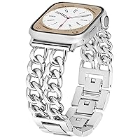 Metal Band Bracelet Compatible with Apple Watch Series 9 8 SE 7 6 5 4 3 2 1 Ultra 2 1,iWatch Bands for Women Men,Chain Design Easy Adjustable Bands for Apple Watch 42mm 44mm 45mm 49mm(Silver)