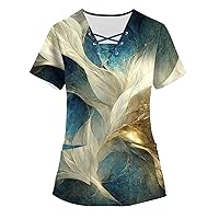 Women's Printed Short Sleeve V Neck Top Work Uniform Pocket Shirt Caregiver Top Basic Shirts