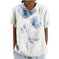 Women Ink Flower Print Y2K Shirts Peter Pan Collar Keyhole Back Short Sleeve Tee Tops Summer Casual Loose Blouses